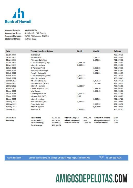 Modelo de comprovante de endereço do banco Samoa Bank Of Hawaii para download em formato Word e PDF